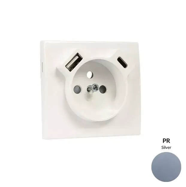 Legnépszerűbb 50650_TPR Fedlap Francia dugalj + USB-A + USB-C aljzathoz, ezüst