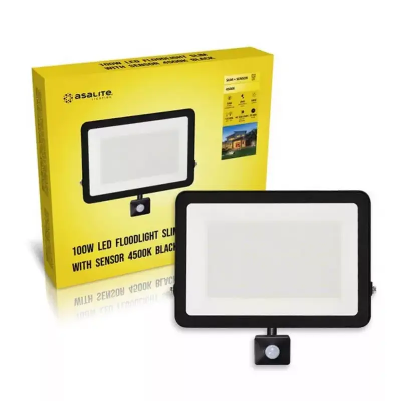 Vásárlói kedvenc LED reflektor , 100W , 9000 lm , slim, mozgásérzékelős , fekete , természetes fehér , IP65 , Asalite