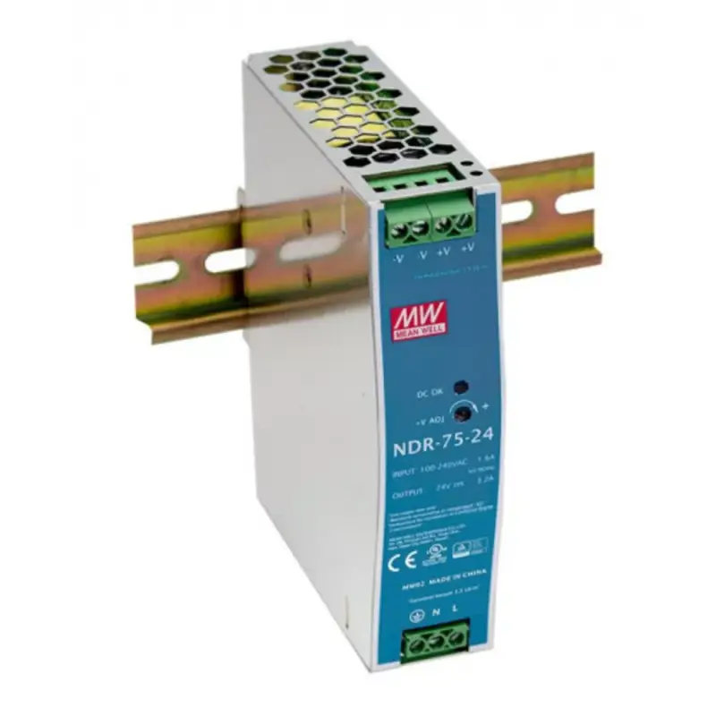 Legkelendőbb LED tápegység , Mean Well , NDR-75-24 , 24 Volt , 75 Watt , DIN sínre szerelhető , ipari