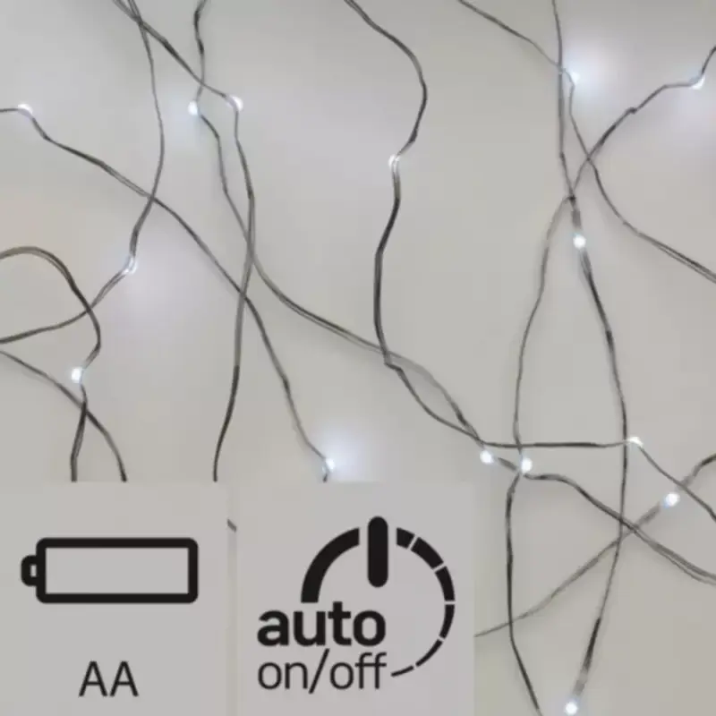 Akció Led fényfüzér , beltéri , nano LED , 0.9 m , hideg fehér , ezüstszálas , időzíthető , elemes