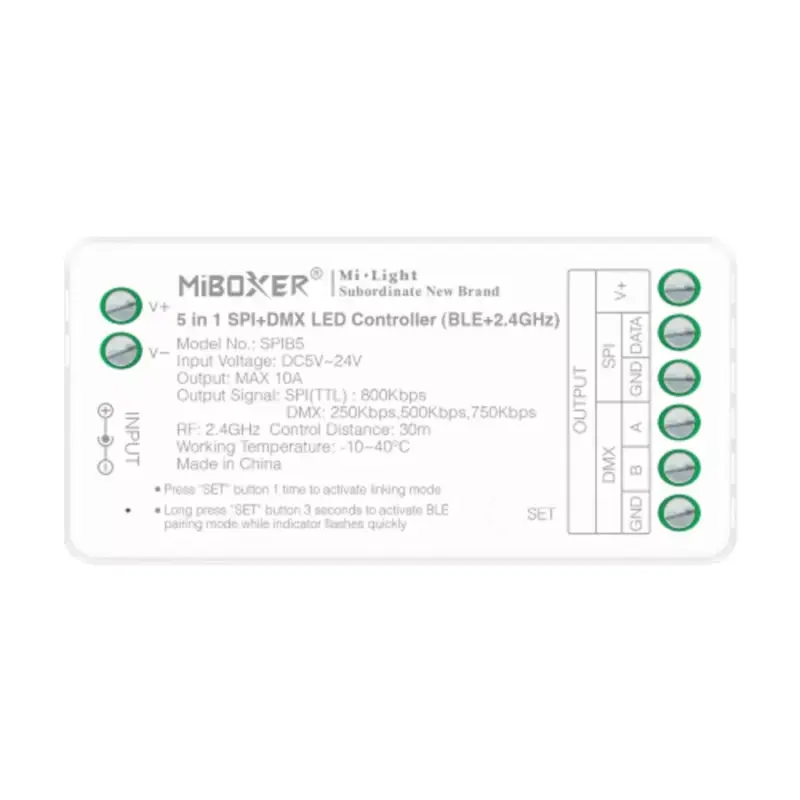 Digitális (SPI) LED szalag vezérlő (Bluetooth + 2.4G) futófényhez , DMX , Tuya Smart , 10A , 5in1 ,monokróm/CCT/RGB /RGBW/RGB-CCT , Miboxer , SPIB5 Csak ma