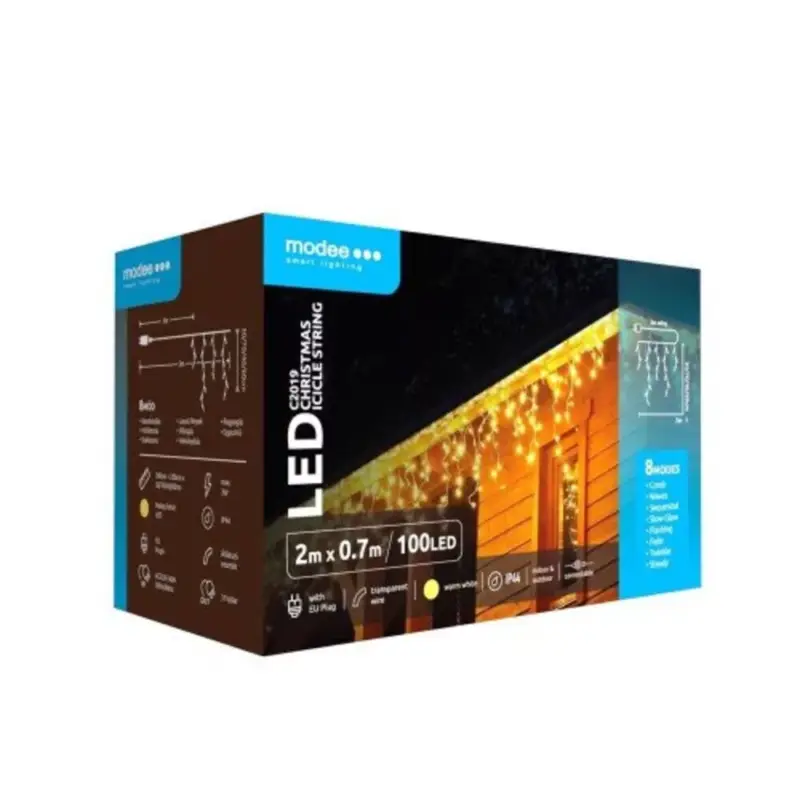 Kedvezmény LED fényfüzér , bővíthető , beltéri/kültéri , 100 db LED , 2 m , meleg fehér , 8 programos , jégcsap , IP44 , Modee