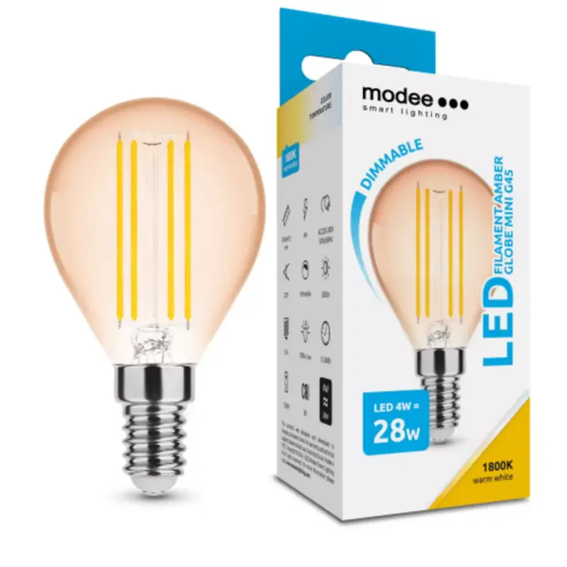 Árcsökkenés LED lámpa , égő , izzószálas hatás , filament, E14 foglalat , G45 , 4 Watt , dimmelhető , meleg fehér , 1800K , borostyán sárga , Modee