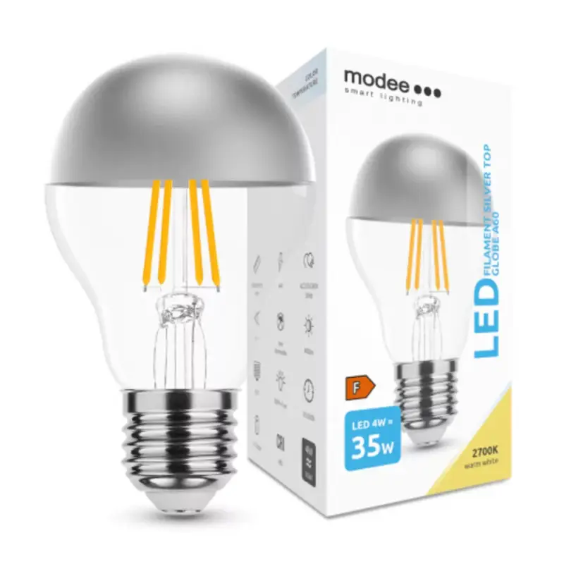 Akció LED lámpa , égő , izzószálas hatás , filament , E27 foglalat , A60 , 4 Watt , meleg fehér , Silver Top , Modee