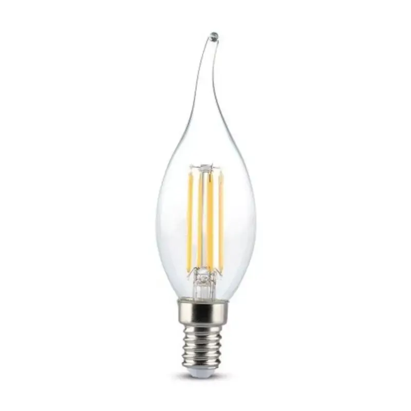 Olcsó LED lámpa , égő , izzószálas hatás , filament ,gyertya , láng , E14 foglalat , 4 Watt , meleg fehér , borostyán sárga