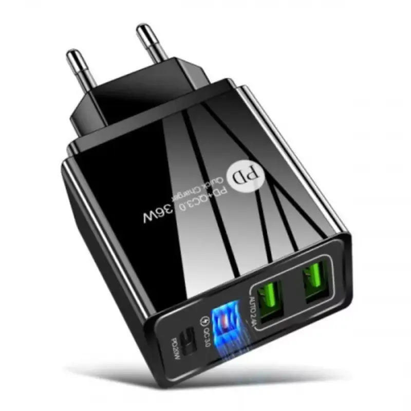 Végkiárusítás Univerzális töltőfej , adapter , 3db USB csatlakozó , 36W , gyorstöltéssel , fekete , Optonica