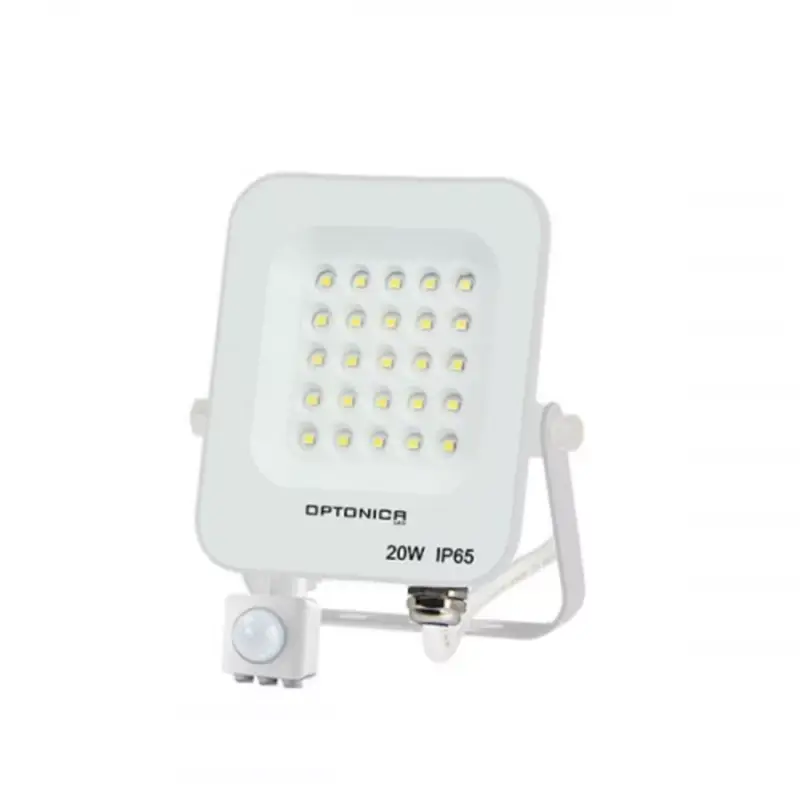 Szezonális akció LED reflektor , 20 Watt , Ultra Slim , SMD , mozgásérzékelős , meleg fehér , fehér ház , IP65 , Optonica