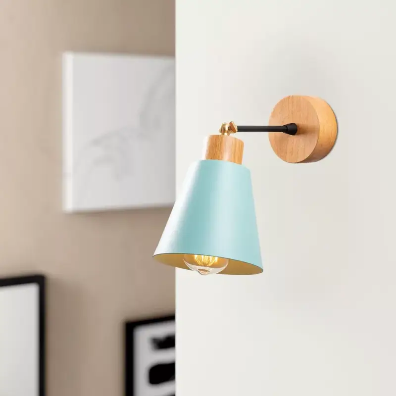 Modern türkiz fali lámpa, fém ház fa talppal, 14 cm átmérő, 25 cm magasság | E27 aljzat, max 40W, IP20 | Stílusos világítás lakberendezéshez és kortárs terekhez, egyedi dizájn Biztonságos fizetés