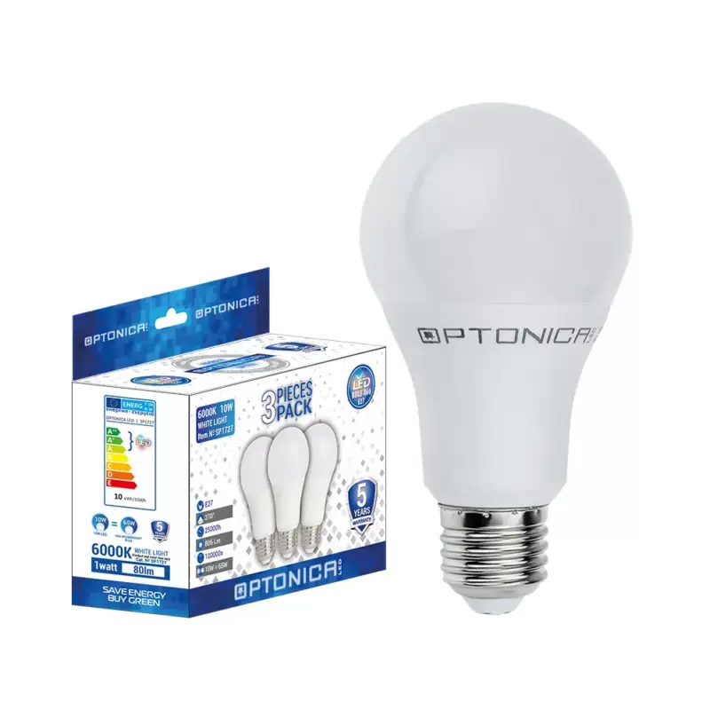 LED műanyag izzó, 3 darabos csomag, E27, a60, 5 év garancia, 15W, 2700K, meleg fehér, 1320 lm, Optonica, 1735 Azonnali szállítás