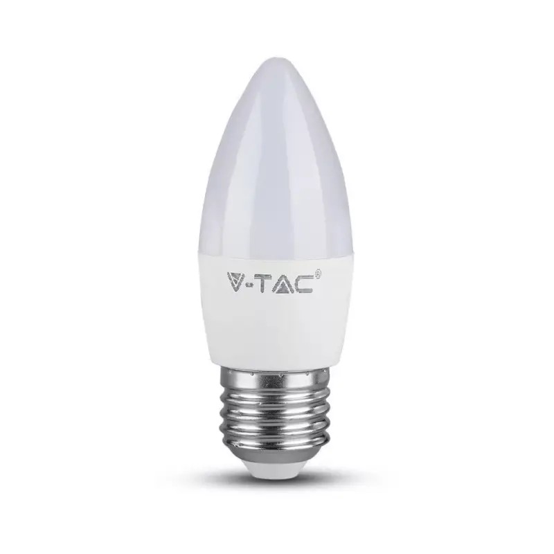 Exkluzív ajánlat LED izzó gyertya alakú E14, 4,5w, 3000K, meleg fehér, 470lm, E27, 180°, fehér, CRI>80, V-TAC, 2143421