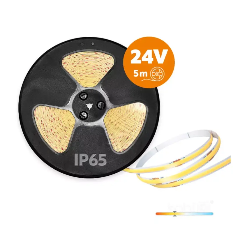 Akciós ár LED szalag TRAMO 320 COB 5m 3000K 24V IP65 Kobi Prémium, 5W, meleg fehér, 430lm, CRI≥90, szabályozható, KOBI-004617
