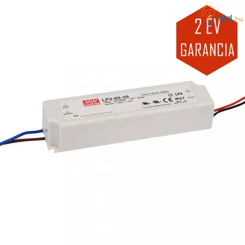 Végkiárusítás Mean Well LED Műanyagházas szerelhető tápegység 60W 2.5A 24V IP67 - LPV-60-24
