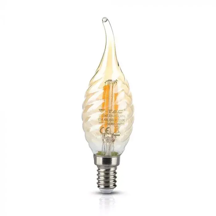 Gyors kiszállítás V-TAC Borostyán LED izzó filament COGE14 C35 4W 2200K csavart gyertyaláng - 217116