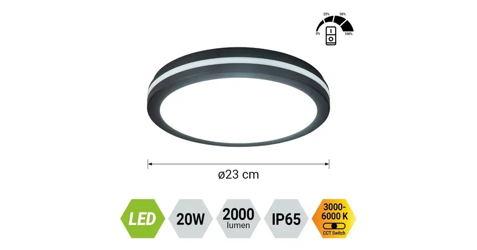 Végkiárusítás Prezent FAMO kültéri mennyezet lámpa műanyag, fekete, LED, 20W, 2000lm, 3000K-6000K, IP65 - 70334