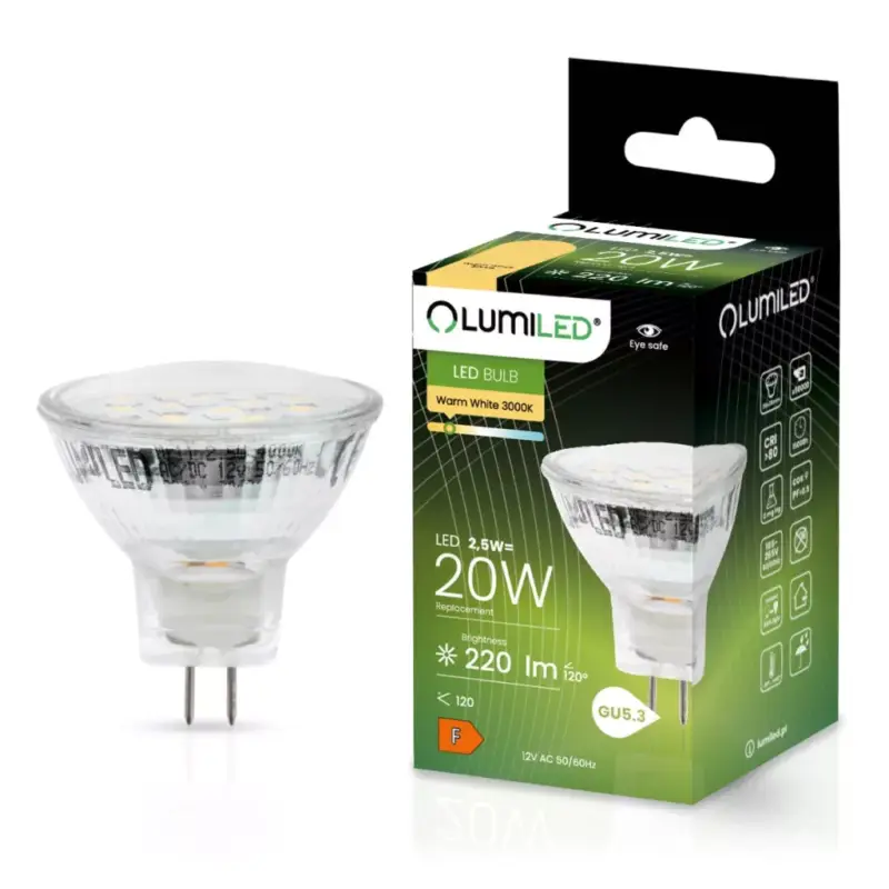 Legnépszerűbb LED izzó MR11 2.5W = 20W 220lm 3000K120° 12V LUMILED
