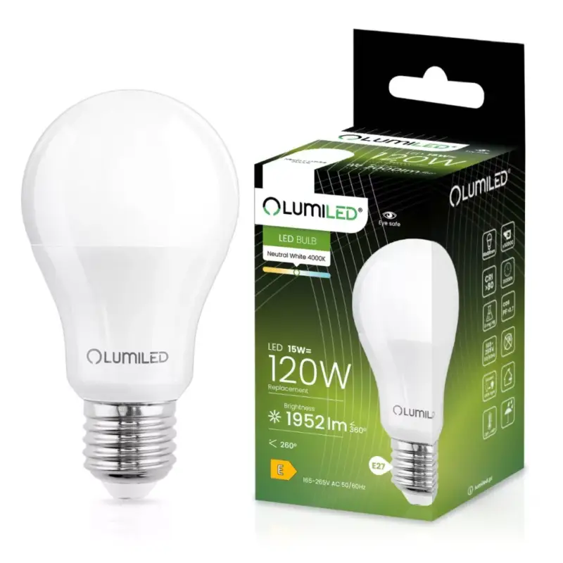 Akciós ár E27 A65 LED izzó 15W = 120W 2000lm 4000K Semleges 260° LUMILED