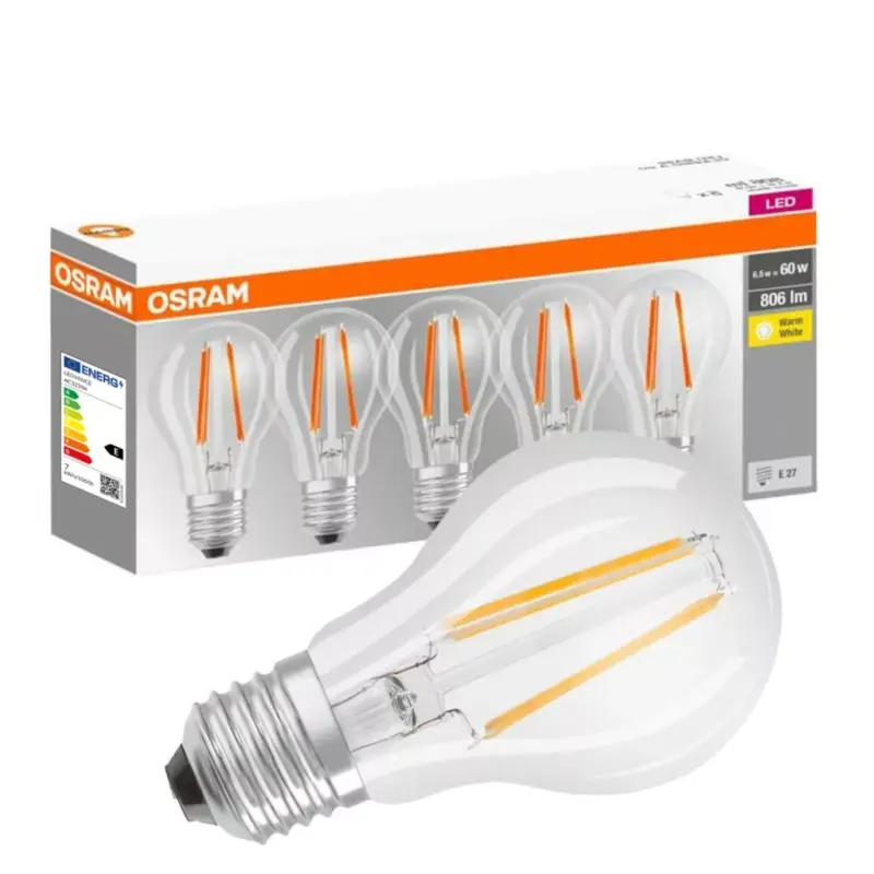 Szezonális akció 5dbLED izzó E27 A60 7W = 60W 806lm 2700K300° izzószál OSRAM
