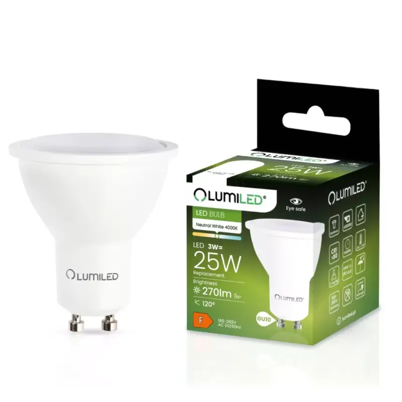 Gyors szállítás GU10 LED izzó 3W = 25W 270lm 4000K semleges 120° LUMILED