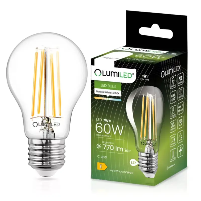 E27 A60 LED izzó 7W = 60W 770lm 4000K semleges 360°-os LUMILED izzószál Outlet