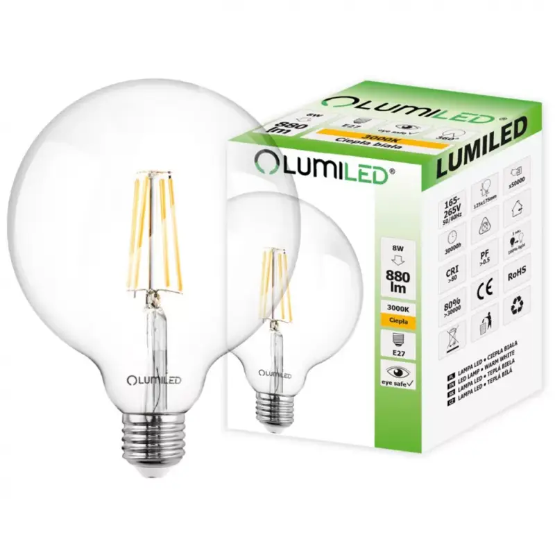 Népszerű E27 G125 LED izzó 8W = 65W 880lm 3000K meleg 360° LUMILED izzószál