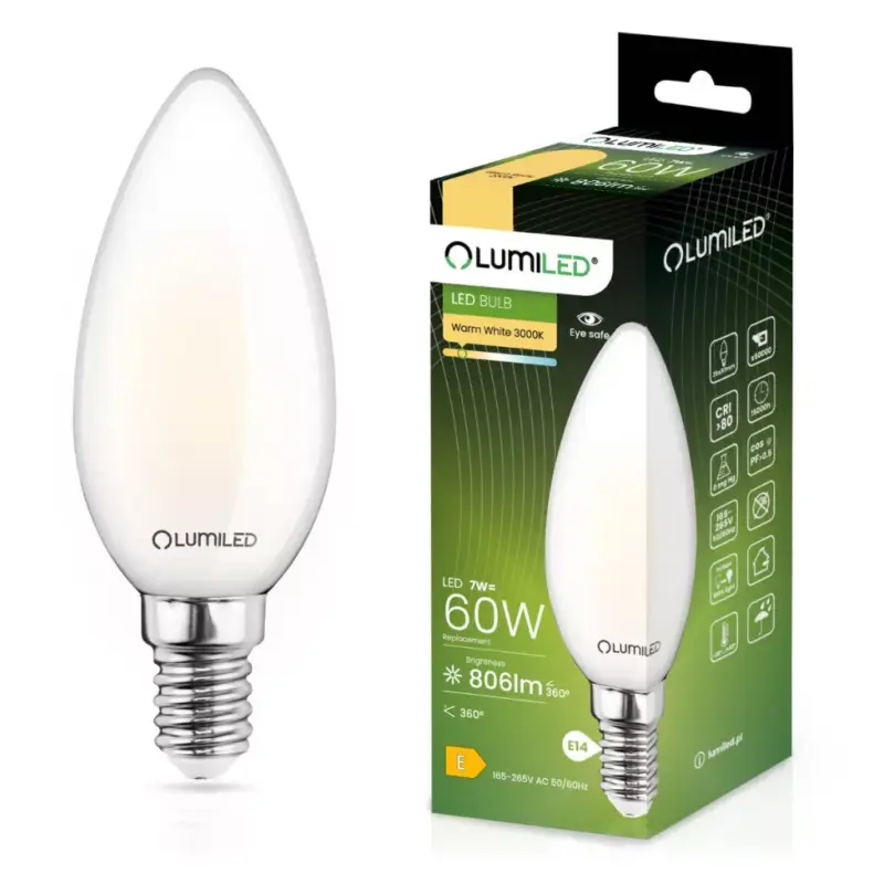 Kedvezményes ár E14 B35 LED izzó 7W = 60W 770lm 3000K 360° LUMILED izzószálas