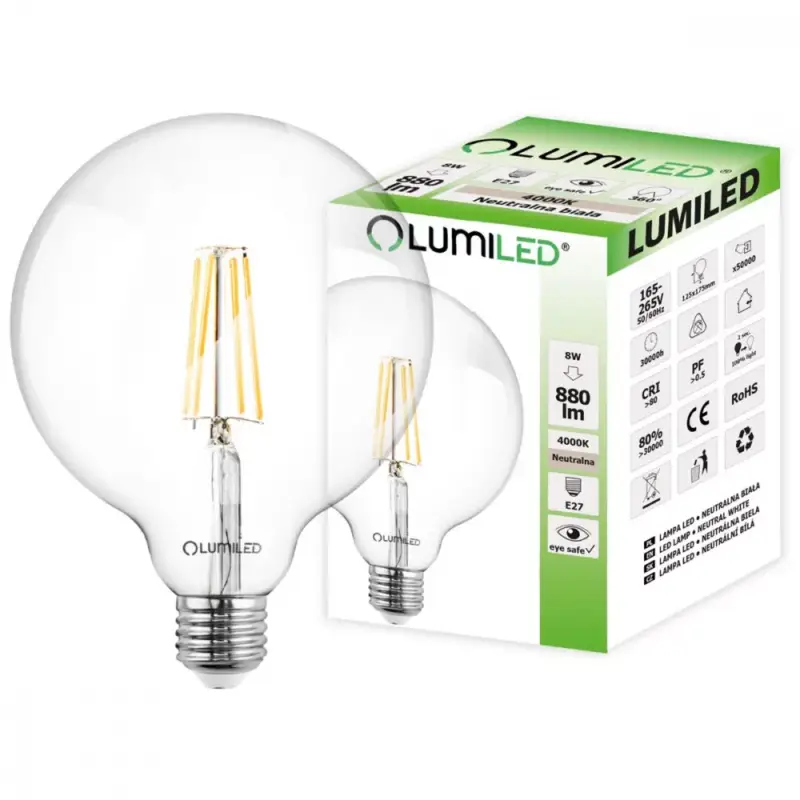 Legkelendőbb E27 G125 LED izzó 8W = 65W 880lm 4000K semleges 360°-os LUMILED izzószál