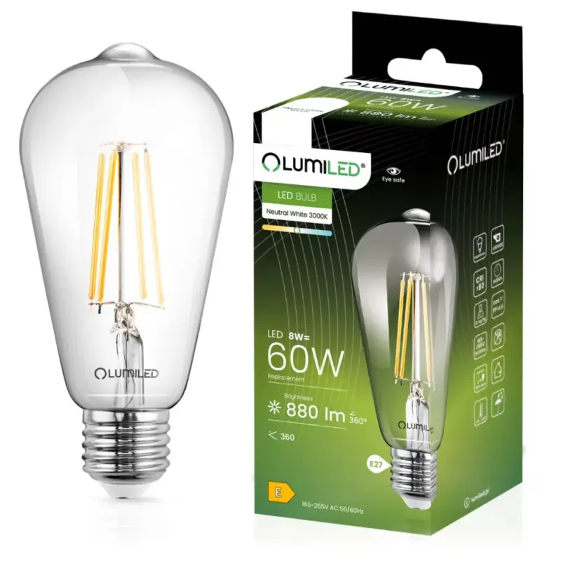 E27 ST64 LED izzó 8W = 60W 880lm 3000K 360° LUMILED izzószál Legkelendőbb