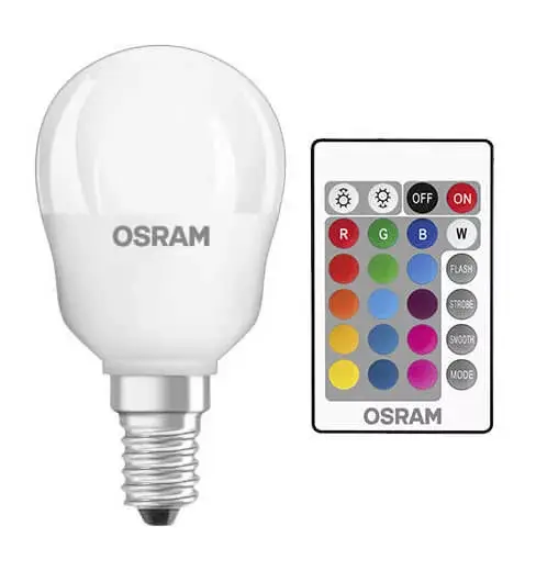 Olcsóbb E14 P45 LED izzó 4,5W = 25W 250lm RGBW 200° OSRAM Star + TÁVIRÁNYÍTÓ