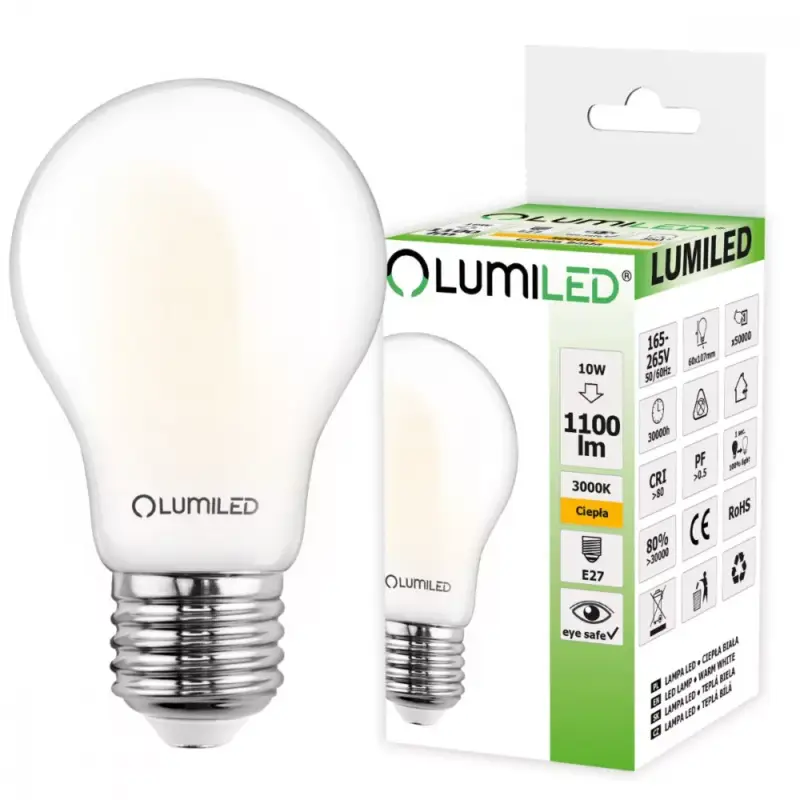 Alacsony ár E27 A60 LED izzó 10W = 75W 1100lm 3000K meleg 360° LUMILED izzószál
