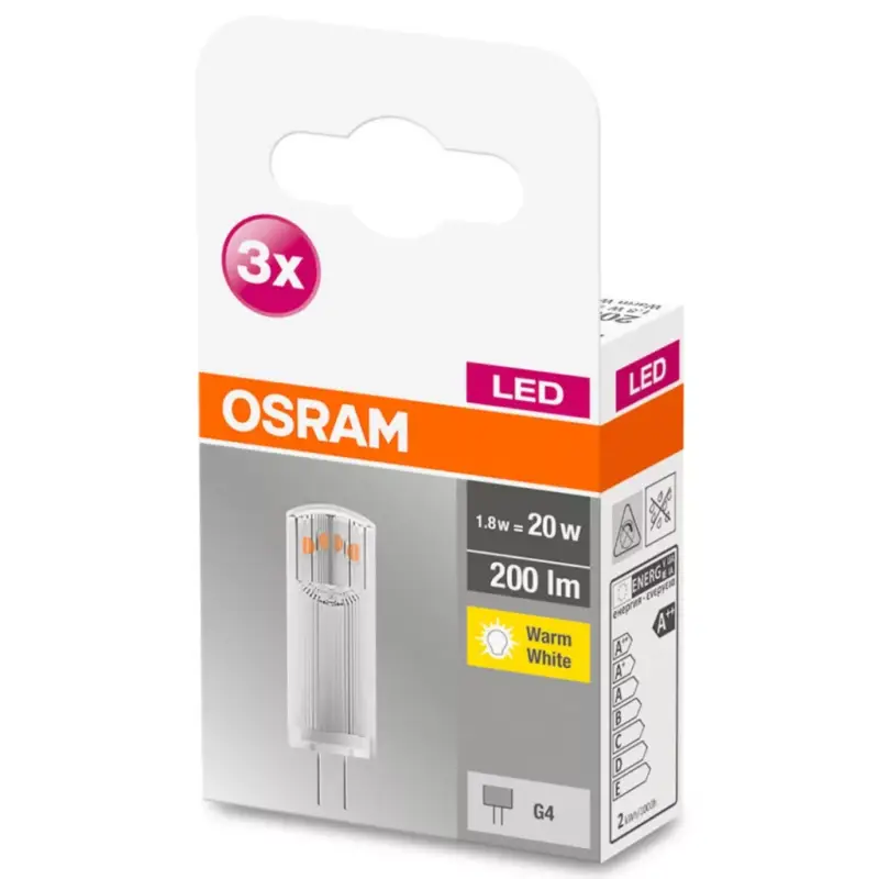 Kiárusítás 3db LED G4 izzó 1.8W = 20W 200lm 2700K 300° 12V OSRAM