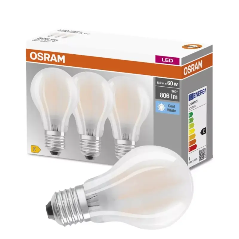3PAK LED izzó E27 A60 6,5W = 60W 806lm 4000K semleges 300°-os izzószál OSRAM ALAP Ne maradj le