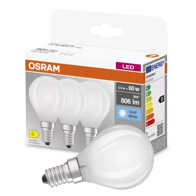 Újdonság 3db LED izzó Gömb E14 P45 5,5W = 60W 806lm 4000K semleges 300°-os izzószál OSRAM ALAP