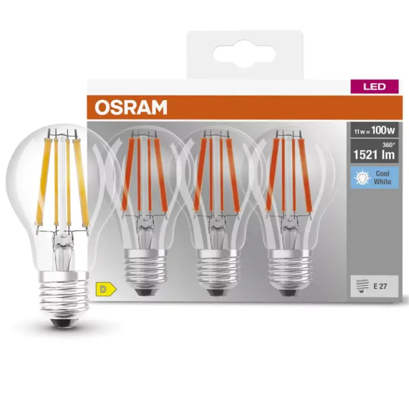 3PAK LED izzó E27 A60 CL 11W = 100W 1521lm 4000K Semleges 300° Izzószál OSRAM ALAP Exkluzív ajánlat