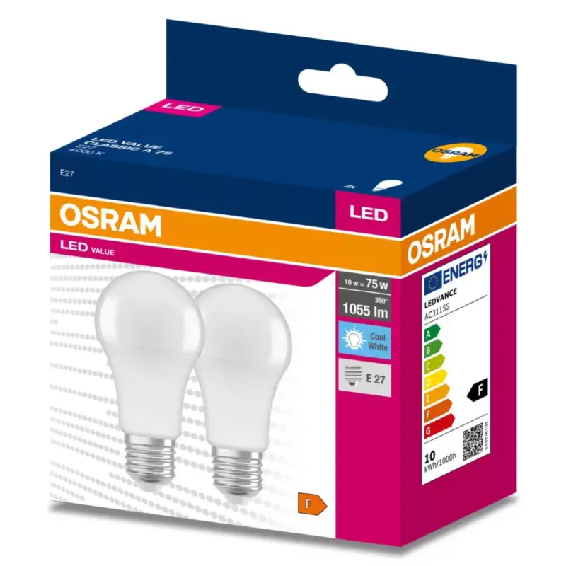 2PAK LED izzó E27 A60 10W = 75W 1055lm 4000K Semleges 200° OSRAM ÉRTÉK Expressz kézbesítés