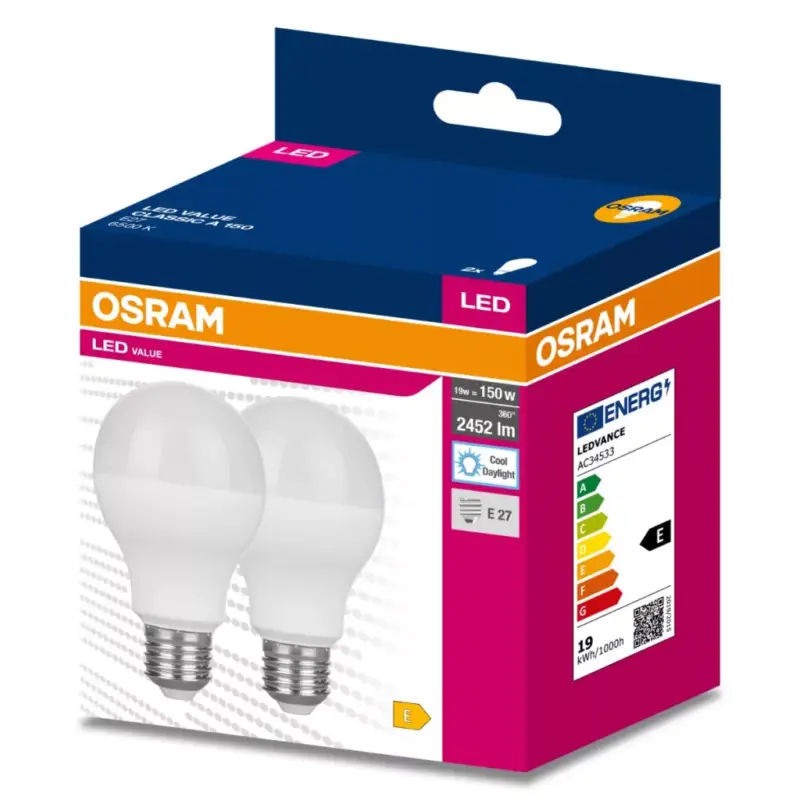 Kedvezmény 2PAK LED izzó E27 A68 19W = 150W 2452lm 6500K hideg 200° OSRAM ÉRTÉK