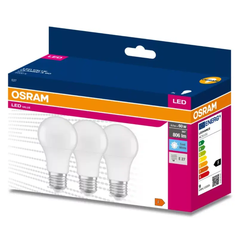 3PAK LED izzó E27 A60 8.5W = 60W 806lm 4000K Semleges 200° OSRAM ÉRTÉK Akció