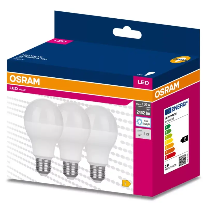 3PAK LED izzó E27 A60 19W = 150W 2452lm 6500K hideg 200° OSRAM ÉRTÉK Legjobb ár