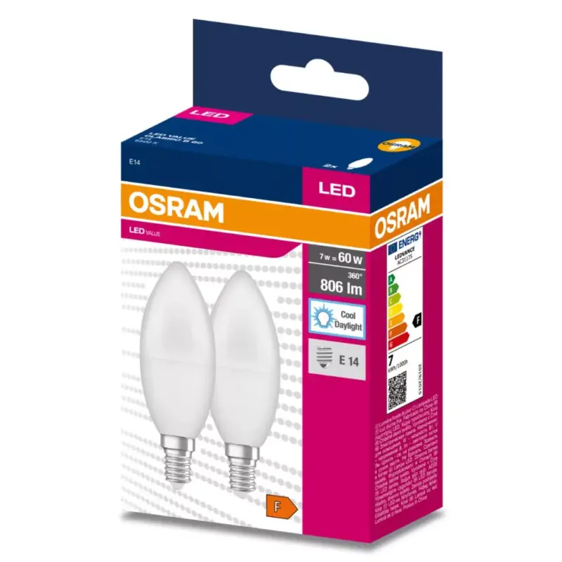 Kiárusítás 2db LED izzó E14 B35 7W = 60W 806lm 6500K Hideg 220° OSRAM ÉRTÉK