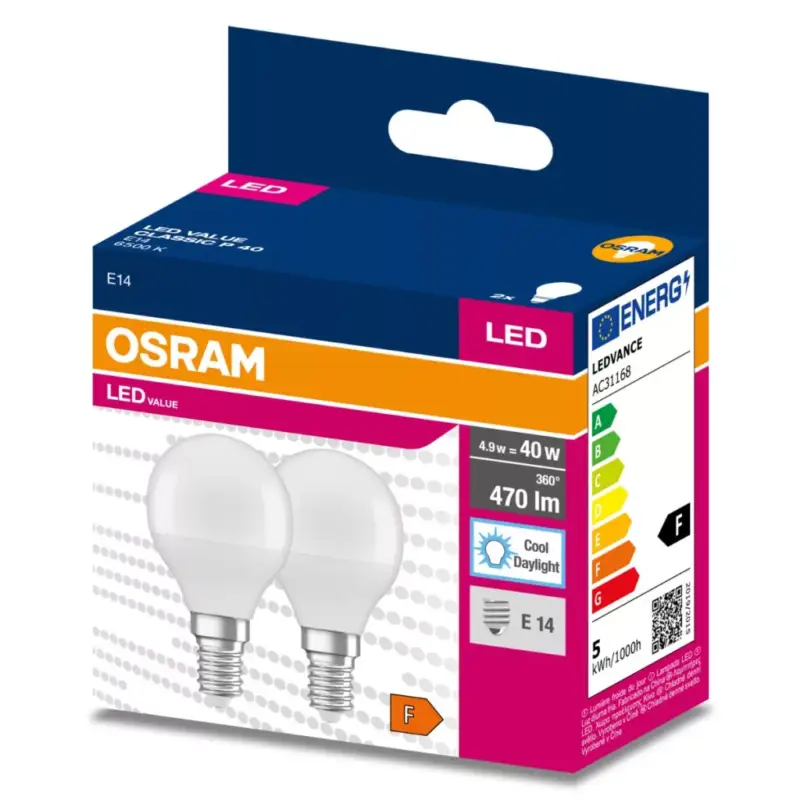 Árengedmény 2db LED izzó E14 P45 4,9W = 40W 470lm 6500K Hideg 200° OSRAM ÉRTÉK