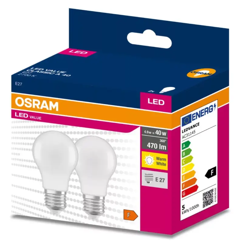 2db LED izzó E27 A60 4,9W = 40W 470lm 2700K meleg 200° OSRAM ÉRTÉK Árengedmény