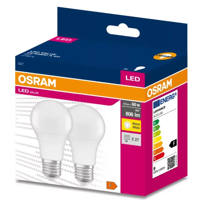 Kiárusítás 2db LED izzó E27 A60 8.5W = 60W 806lm 2700K200° OSRAM