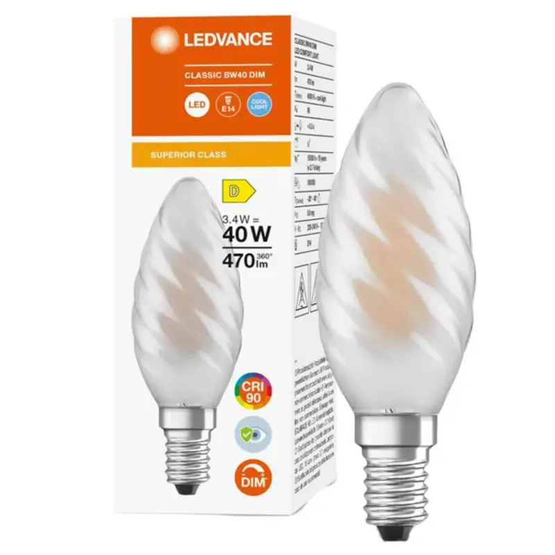 Ne maradj le LED gyertyakörte E14 BW40 3.4W = 40W 470lm 4000K semleges 300° CRI90 izzószálas Tejszerű fényerőszabályzó LEDVANCE Superior
