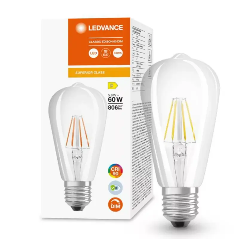 Exkluzív ajánlat Edison LED izzó E27 ST64 5.8W = 60W 806lm 4000K Semleges 300° CRI90 Izzószál szabályozható LEDVANCE Superior