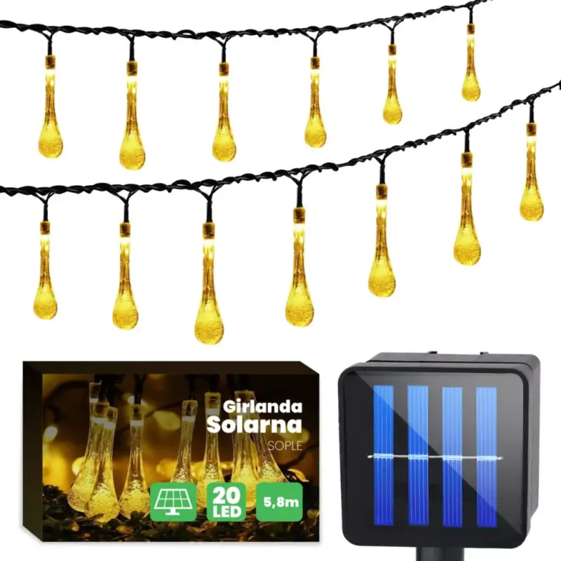 Kedvezményes ár Napelemes füzér függő 20 LED TEARS kerti lámpa 580 cm jégcsap
