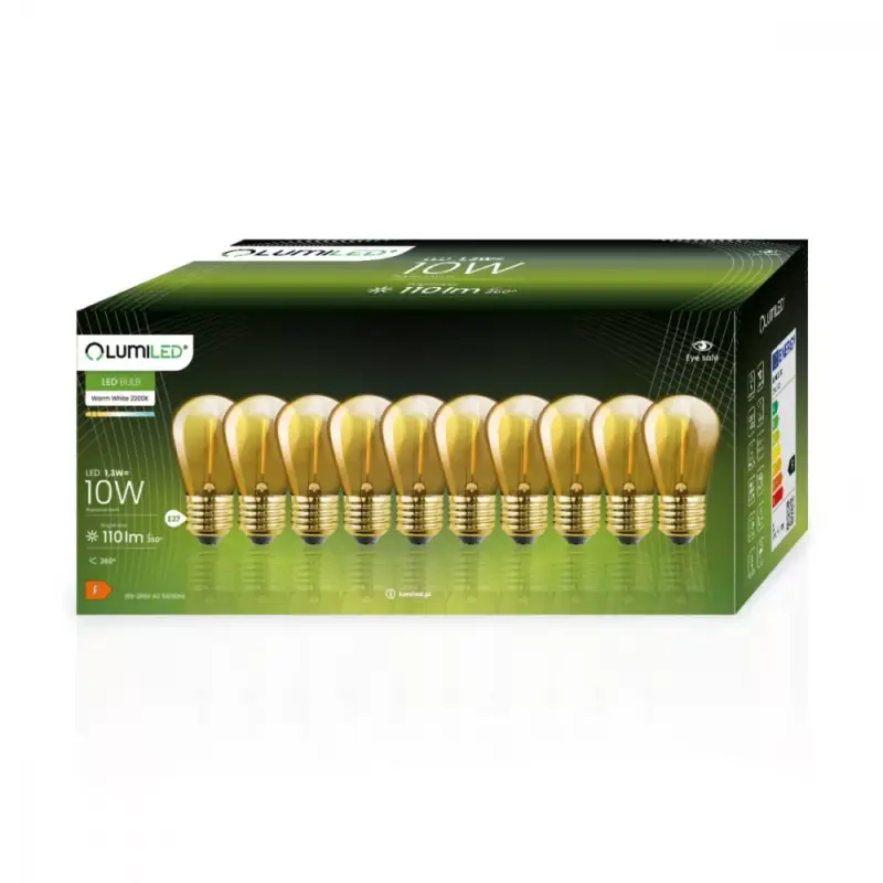 10x LED izzós készlet Girland E27 ST14 1,3W = 10W 2200K 110lm meleg LUMILED-hez Árengedmény