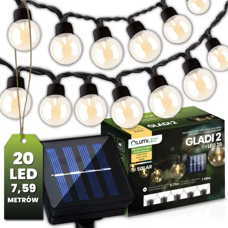 Kerti Solar Gorland 20x LED dekoratív golyók 7,5 m 3000K GLADI 2 LUMILED Legnépszerűbb