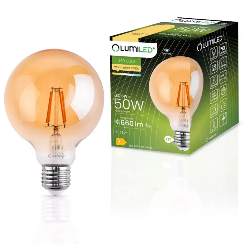 Legjobb ár Dekoratív gömb alakú LED izzó E27 G95 6W = 50W 660lm 2000K360°-os izzószál LUMILED