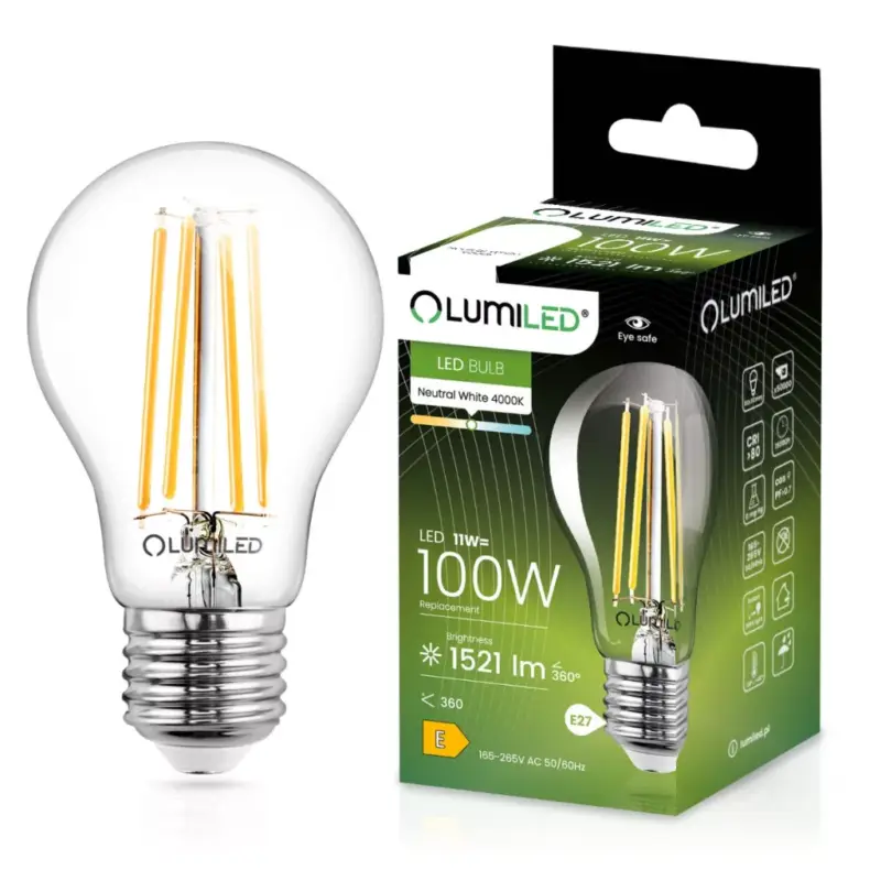 E27 A60 LED izzó 11W = 100W 1521lm 4000K semleges 360°-os LUMILED izzószál Vedd meg most