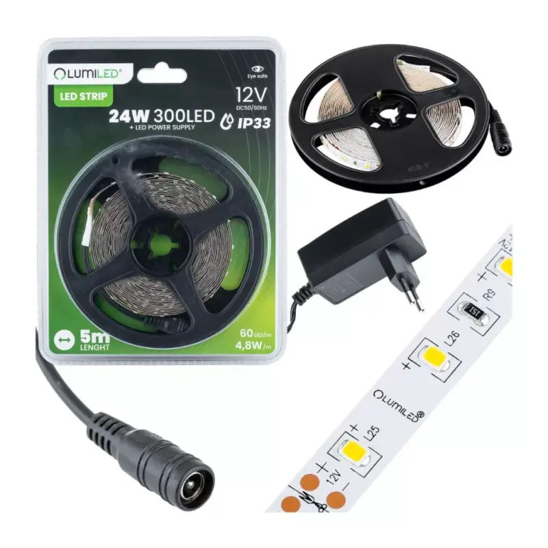 Végkiárusítás Szett LED szalag szalag 12V 24W 300LED SMD 2835 hő 8mm 5m + tápegység
