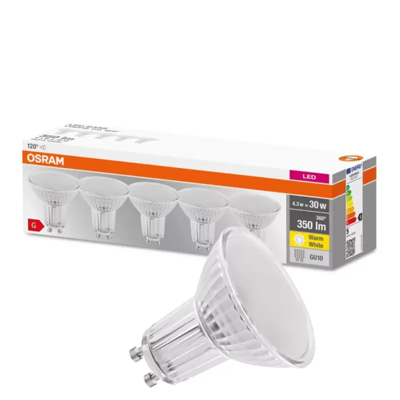 5PAK GU10 LED izzó 4.3W = 50W 350lm 2700K meleg 120° OSRAM alap Akció